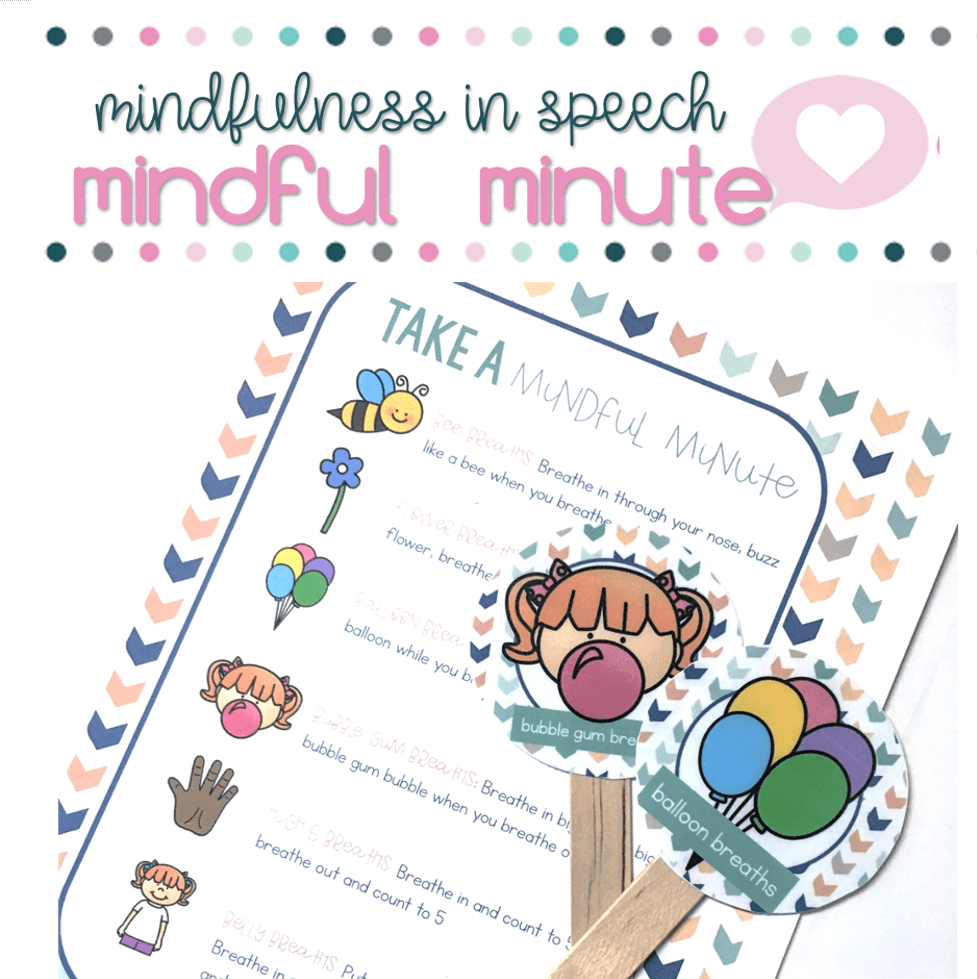 mindful minute in speech blog cover with breathing sticks and instruction sheet 